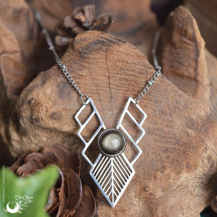 Collier "Athena" Obsidienne dorée, acier inoxydable - Illustrations & Bijoux fantaisie ClairObscur Art