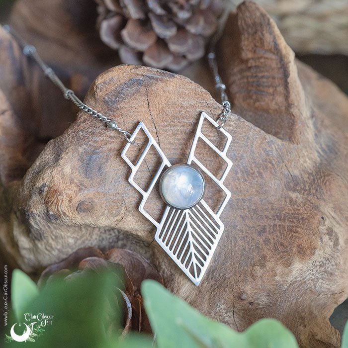 Collier "Athena" Pierre de Lune arc - en - ciel, acier inoxydable - Illustrations & Bijoux fantaisie ClairObscur Art