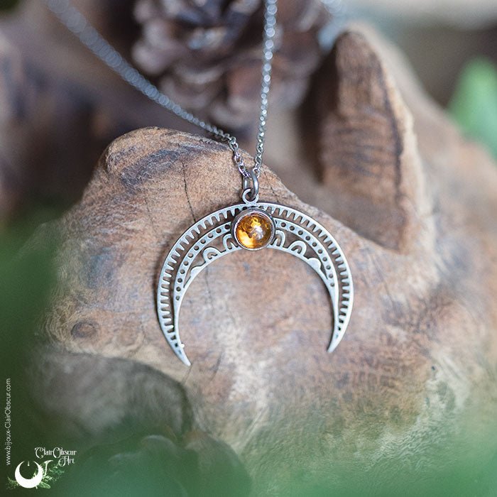 Collier "Aurora" en Ambre, Labradorite ou Grenat - Acier inoxydable - Illustrations & Bijoux fantaisie ClairObscur Art