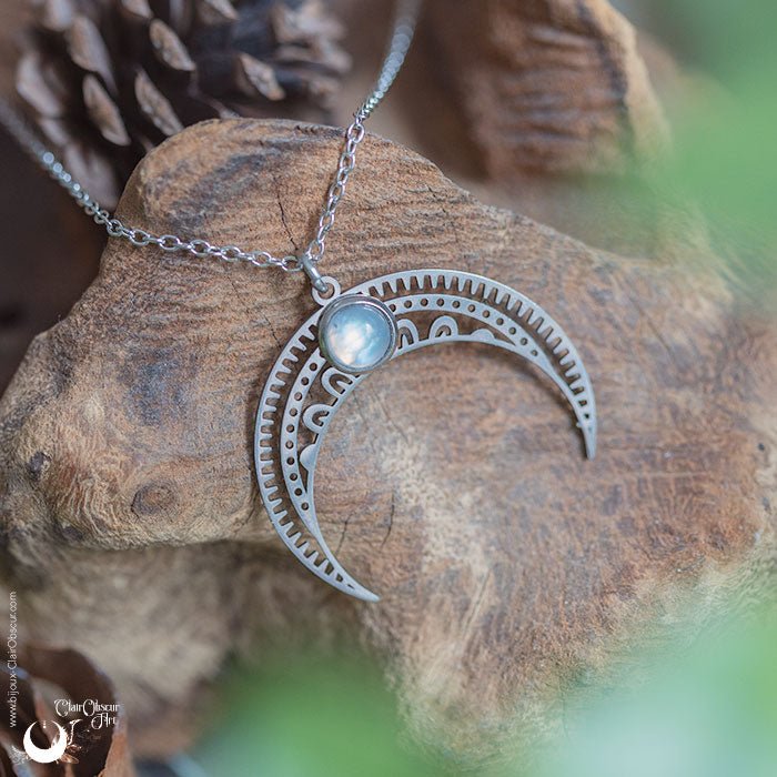 Collier "Aurora" en Ambre, Labradorite ou Grenat - Acier inoxydable - Illustrations & Bijoux fantaisie ClairObscur Art