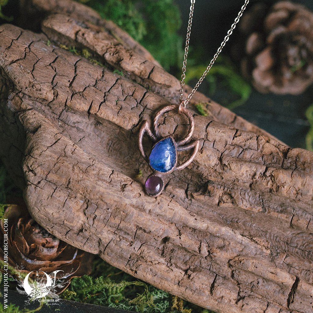 Collier Cercle & Demi-Lune Cuivre, Tanzanite et Améthyste - Illustrations & Bijoux fantaisie ClairObscur Art