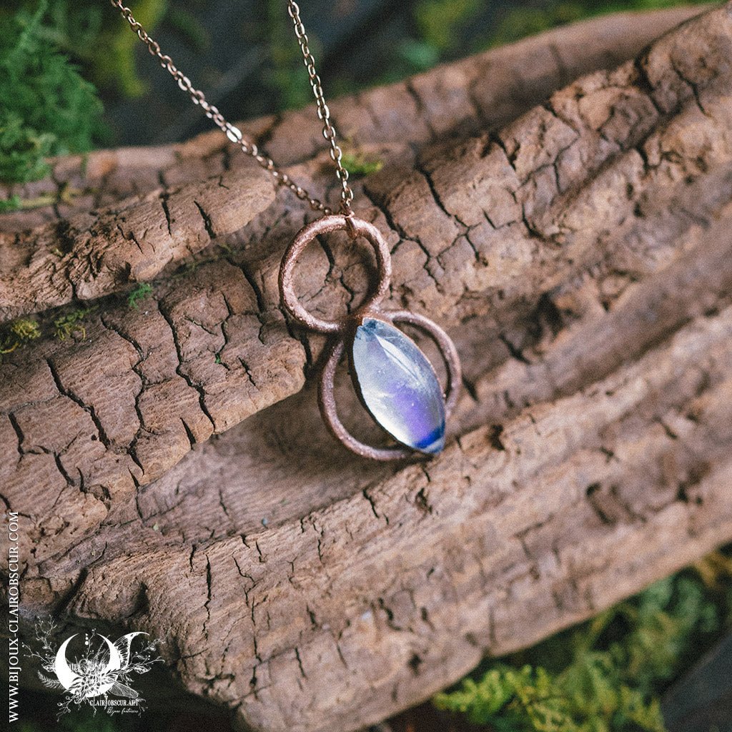 Collier Double Anneau Cuivre & Pierre de Lune Bleue - Illustrations & Bijoux fantaisie ClairObscur Art