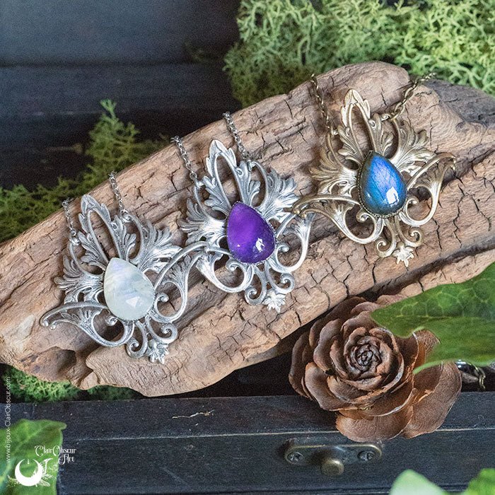 Collier Elfique "Elwing" pierre au choix - Illustrations & Bijoux fantaisie ClairObscur Art