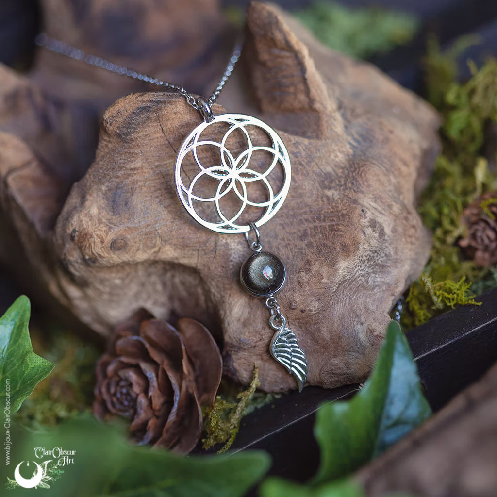 Collier "Fleur de Vie" pierre & breloque au choix