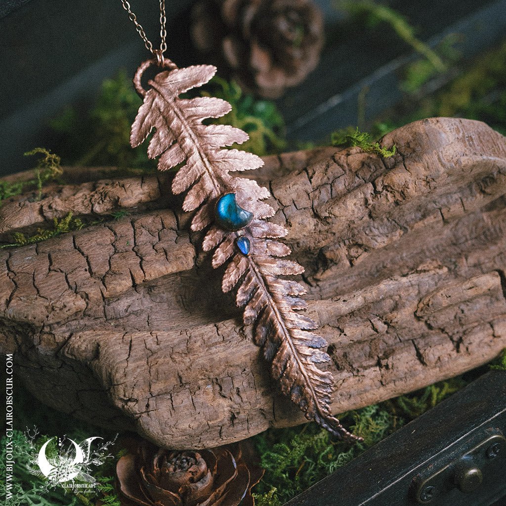 Collier Fougère Électroformée, Labradorite Lune & Pierre de Lune - Illustrations & Bijoux fantaisie ClairObscur Art