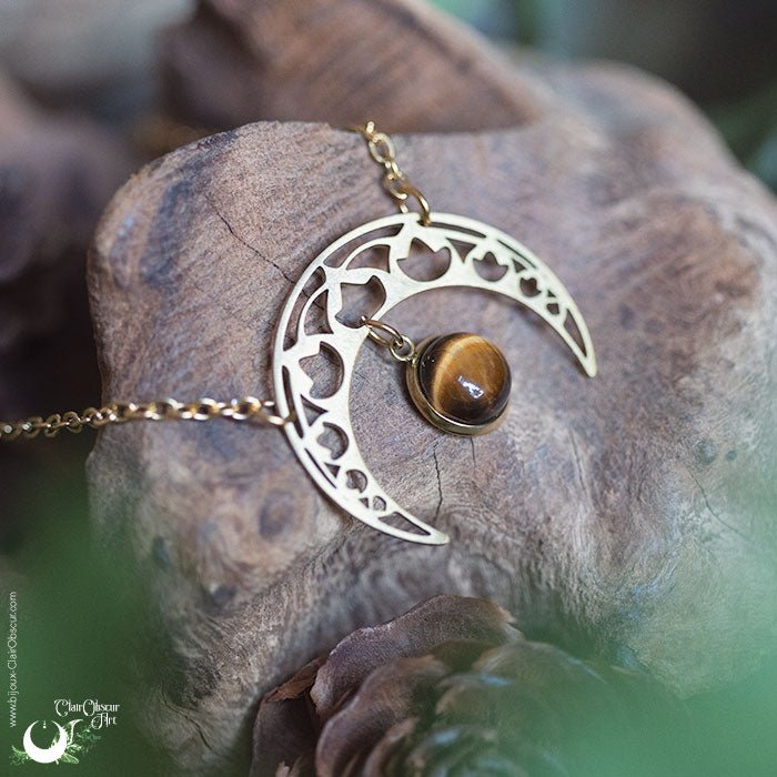 Collier "SIRONA" Oeil de Tigre en acier inoxydable argenté ou doré - Illustrations & Bijoux fantaisie ClairObscur Art