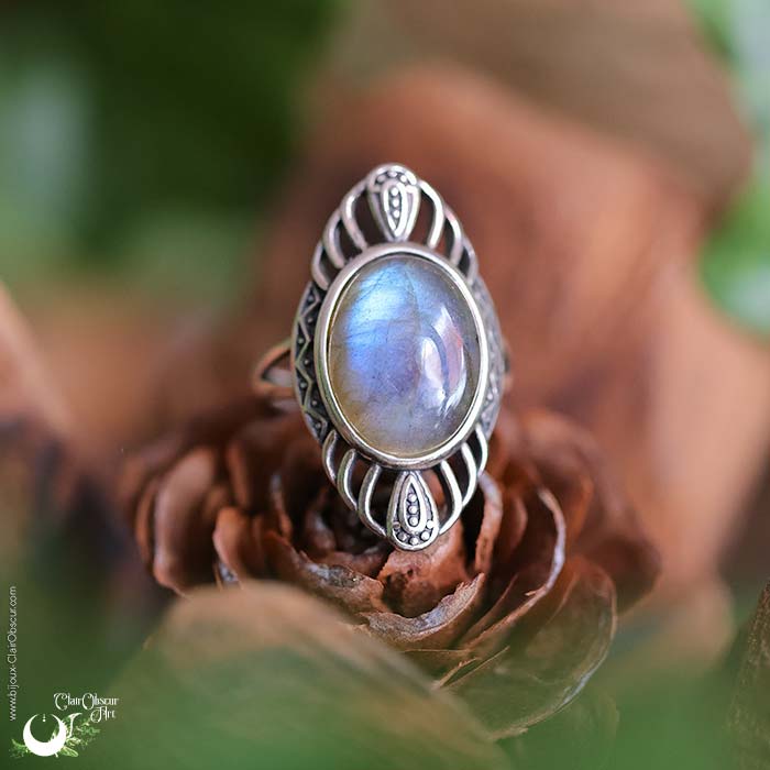 Bague "Ayshwara" Labradorite en Argent 925, ajustable - Illustrations & Bijoux fantaisie ClairObscur Art