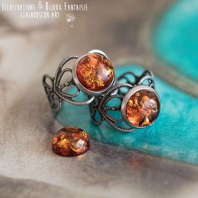 Bague elfique "Elwing" Ambre de la mer Baltique - Ajustable - Illustrations & Bijoux fantaisie ClairObscur Art