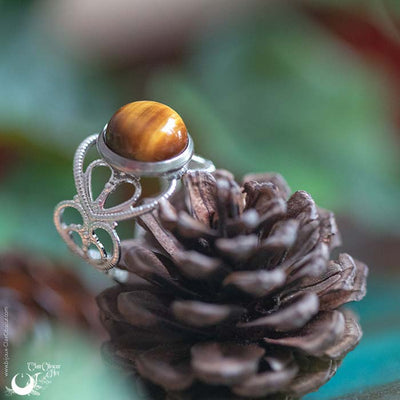 Bague elfique "Elwing" Oeil de Tigre - Ajustable - Illustrations & Bijoux fantaisie ClairObscur Art