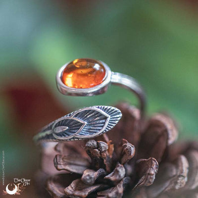 Bague "Plume" Ambre de la mer Baltique en Argent 925, ajustable - Illustrations & Bijoux fantaisie ClairObscur Art