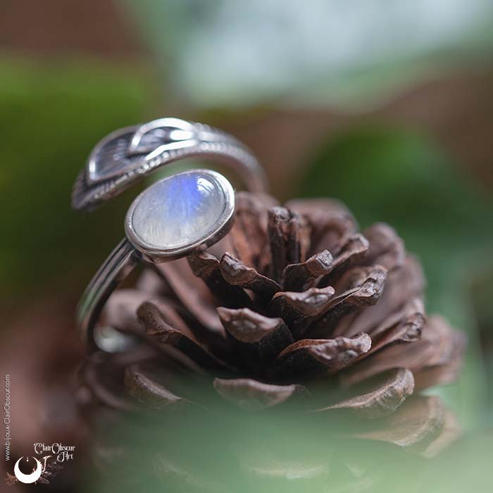 Bague Plume Pierre de Lune en argent 925 et r glable