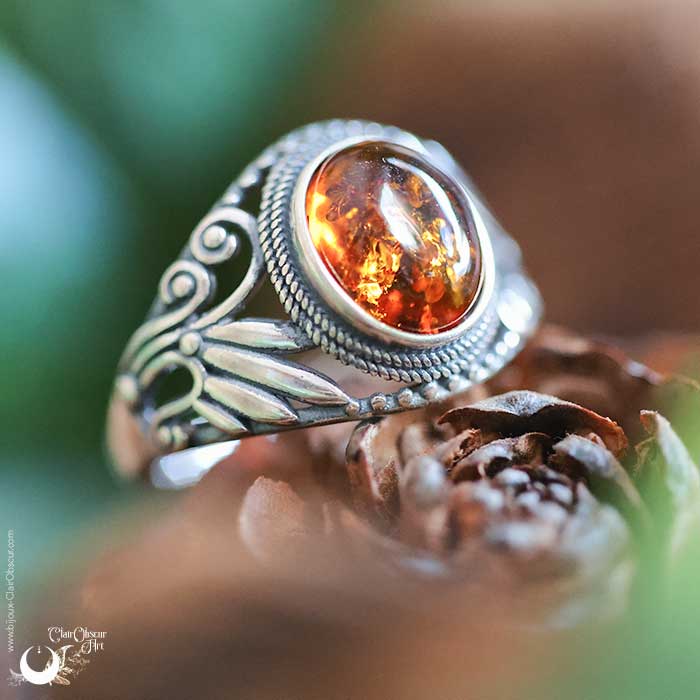 Bague "Swan" Ambre de la mer Baltique - ajustable, en Argent 925 - Illustrations & Bijoux fantaisie ClairObscur Art