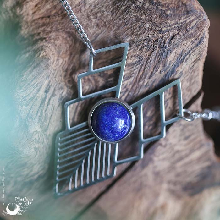 Collier "Athena" Lapis lazuli, acier inoxydable - Illustrations & Bijoux fantaisie ClairObscur Art