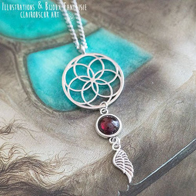 Collier "Fleur de Vie" Grenat, breloque au choix - Illustrations & Bijoux fantaisie ClairObscur Art