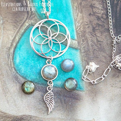 Collier "Fleur de Vie" Labradorite, breloque au choix - Illustrations & Bijoux fantaisie ClairObscur Art