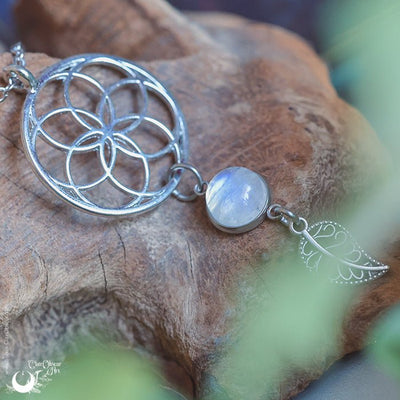 Collier "Fleur de Vie" Pierre de Lune Arc-en-ciel - Illustrations & Bijoux fantaisie ClairObscur Art