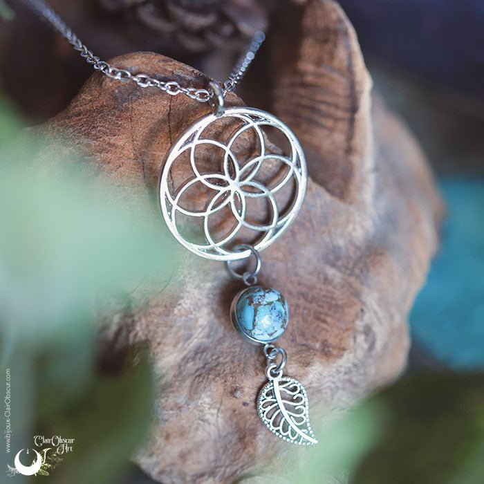 Collier "Fleur de Vie" Turquoise, breloque au choix - Illustrations & Bijoux fantaisie ClairObscur Art