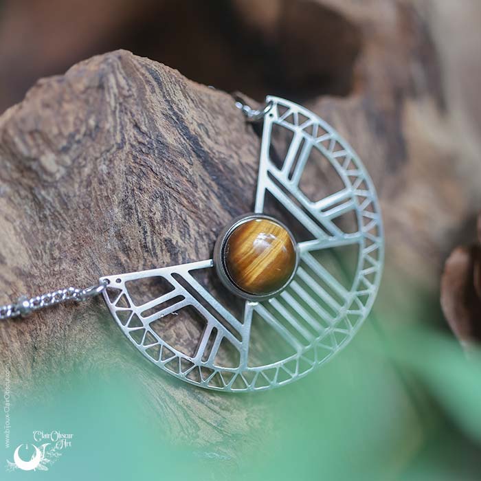 Collier "Héra" Oeil de Tigre, acier inoxydable - Illustrations & Bijoux fantaisie ClairObscur Art