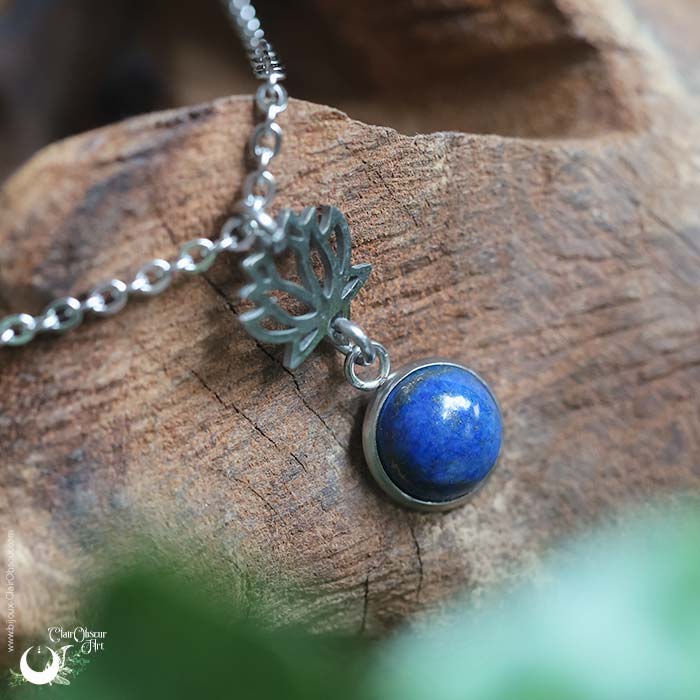 Collier "Lotus" pierre au choix, en acier inoxydable - Illustrations & Bijoux fantaisie ClairObscur Art