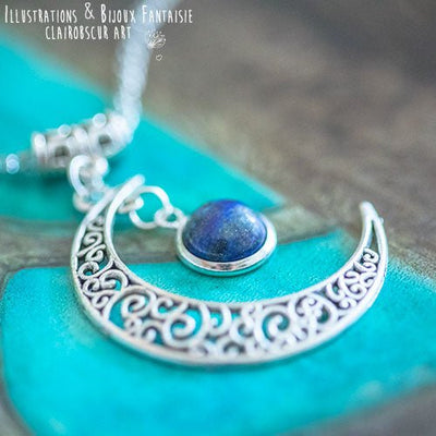 Collier "Luna" Lapis lazuli, taille de la chaine au choix - Illustrations & Bijoux fantaisie ClairObscur Art