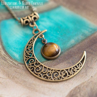 Collier "Luna" Oeil de Tigre - Illustrations & Bijoux fantaisie ClairObscur Art