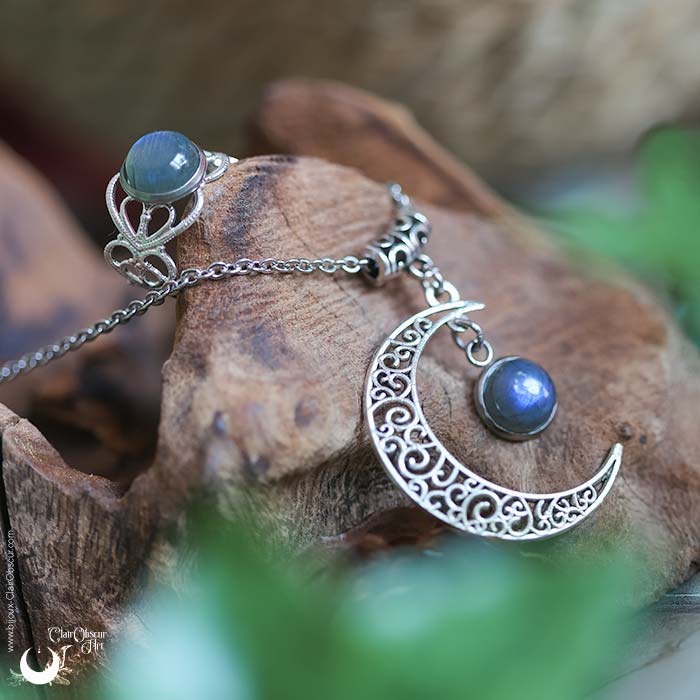 Parure Collier Luna et bague elfique "Elwing", pierre au choix ! - Illustrations & Bijoux fantaisie ClairObscur Art