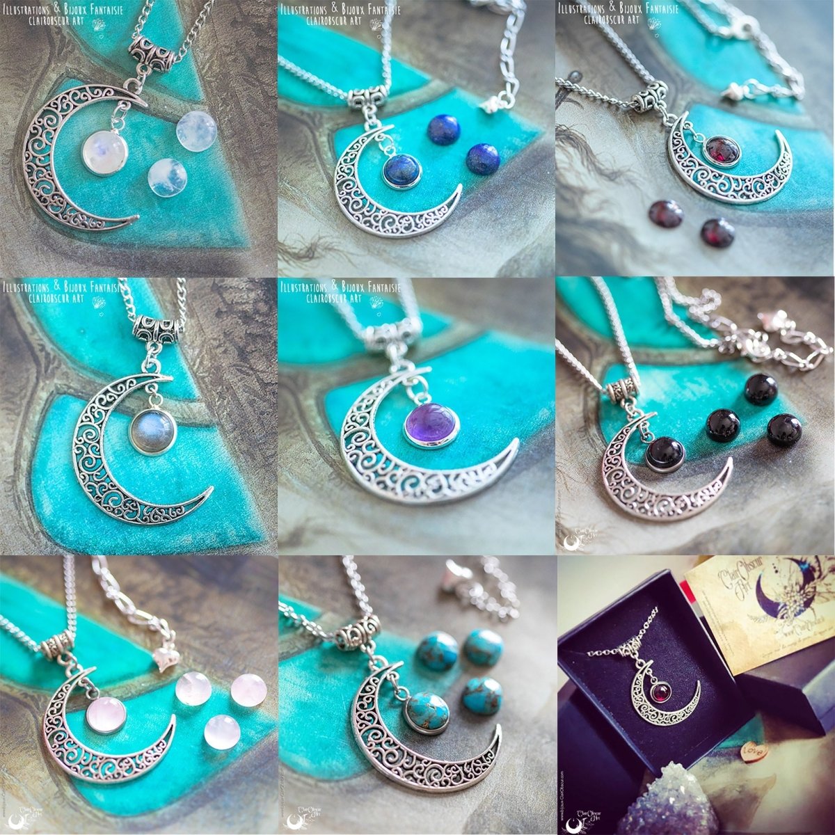 Parure Collier Luna et bague elfique "Elwing", pierre au choix ! - Illustrations & Bijoux fantaisie ClairObscur Art