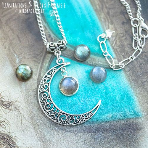 Parure Collier Luna et bague elfique "Elwing", pierre au choix ! - Illustrations & Bijoux fantaisie ClairObscur Art