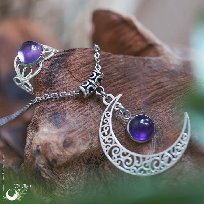 Parure Collier Luna et bague elfique "Elwing", pierre au choix ! - Illustrations & Bijoux fantaisie ClairObscur Art